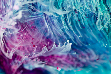 Epoxy resin texture with aquamarine, lilac and white colors. Fluid backdrop with splashes and...