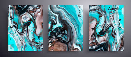 Abstract liquid poster, fluid art vector texture set.  Black, white and blue creative iridescent artworkの写真素材