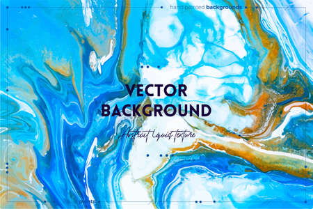 Fluid art texture. Abstract backdrop with iridescent paint effect. Liquid acrylic picture with flows and splashes. Mixed paints for baner or wallpaper. Blue, golden and white overflowing colorsのイラスト素材