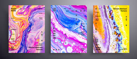 Abstract acrylic placard, fluid art vector texture set.  Yellow, blue and pink unusual creative surface templateのイラスト素材