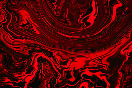 Fluid art texture. Background with abstract iridescent paint effect. Liquid acrylic artwork with flows and splashes. Mixed paints for background or poster. Red, black and orange overflowing colorsの写真素材