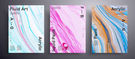 Abstract acrylic poster, fluid art vector texture set. Beautiful background that applicable for design cover, poster, brochure and etc. Blue, pink and orange unusual creative surface templateのイラスト素材