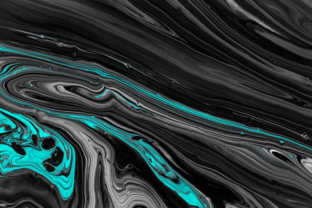 Fluid art texture. Background with abstract mixing paint effect. Liquid acrylic picture with trendy mixed paints. Can be used for website background. Black, white and azure overflowing colorsの写真素材