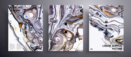 Abstract liquid poster, fluid art vector texture pack. Beautiful background that can be used for design cover, poster, brochure and etc. Golden, lavender and white unusual creative surface templateのイラスト素材