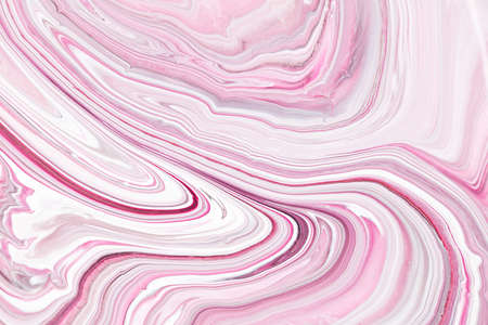 Fluid art texture. Abstract backdrop with iridescent paint effect. Liquid acrylic artwork with colorful mixed paints. Can be used for background or poster. Pink, gray and white overflowing colorsの写真素材
