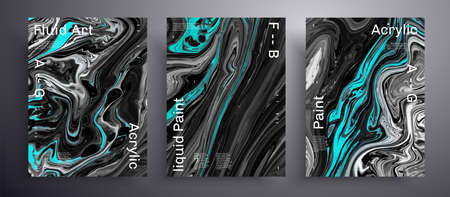 Abstract liquid banner, fluid art vector texture pack.Trendy background that can be used for design cover, invitation, presentation and etc. Black, white and aquamarine creative iridescent artworkのイラスト素材