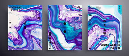 Abstract acrylic banner, fluid art vector texture set. Trendy background that can be used for design cover, poster, brochure and etc. Purple, aquamarine and white unusual creative surface templateのイラスト素材