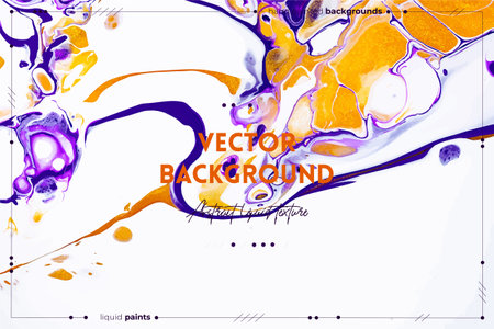 Fluid art texture. Backdrop with abstract iridescent paint effect. Liquid acrylic artwork with flows and splashes. Mixed paints for interior poster. Purple, white and golden overflowing colorsのイラスト素材
