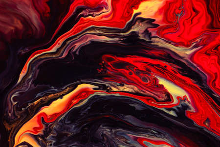 Fluid art texture. Backdrop with abstract swirling paint effect. Liquid acrylic artwork with flows and splashes. Mixed paints for website background. Red, brown, yellow and black overflowing colorsの写真素材