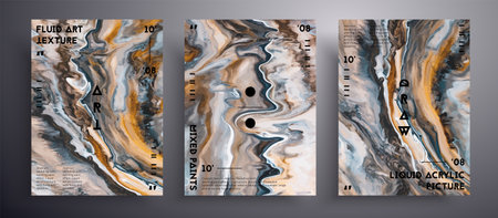Abstract liquid poster, fluid art vector texture pack. Artistic background that applicable for design cover, poster, brochure and etc. Brown, golden and navy blue unusual creative surface templateの写真素材