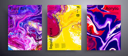 Abstract vector poster, pack of modern design fluid art covers. Artistic background that applicable for design cover, invitation, flyer and etc. Purple, pink and yellow creative iridescent artworkのイラスト素材