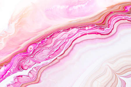 Fluid art texture. Abstract backdrop with mixing paint effect. Liquid acrylic picture that flows and splashes. Mixed paints for website background. Pink, white and brown overflowing colorsの写真素材