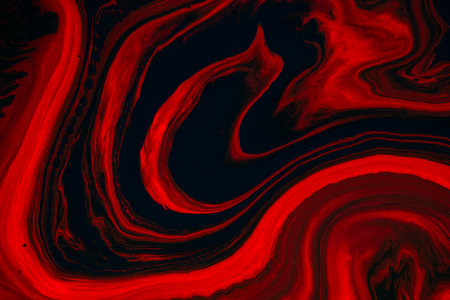 Fluid art texture. Background with abstract iridescent paint effect. Liquid acrylic picture that flows and splashes. Mixed paints for posters or wallpapers. Orange, red and black overflowing colorsの写真素材