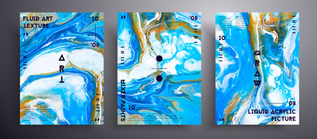 Abstract liquid poster, fluid art vector texture collection. Trendy background that can be used for design cover, poster, brochure and etc. Blue, white and orange unusual creative surface templateのイラスト素材