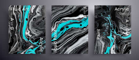 Abstract vector banner, texture pack of fluid art covers. Trendy background that applicable for design cover, poster, brochure and etc. Black, white and aquamarine unusual creative surface templateのイラスト素材