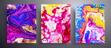 Abstract vector banner, texture set of fluid art covers. Beautiful background that can be used for design cover, poster, brochure and etc. Pink, purple and yellow universal trendy painting backdropの写真素材