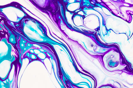 Fluid art texture. Background with abstract mixing paint effect. Liquid acrylic artwork with flows and splashes. Mixed paints for background or poster. Blue, purple and white overflowing colorsの写真素材