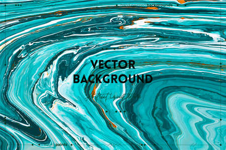 Fluid art texture. Background with abstract mixing paint effect. Liquid acrylic artwork with flows and splashes. Mixed paints for interior poster. Turquoise, white and orange overflowing colorsのイラスト素材