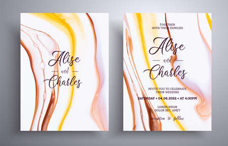Modern collection of wedding invitations with stone texture. Mineral vector covers with marble effect and place for text, brown, yellow and white colors. Designed for posters, packaging and etcのイラスト素材