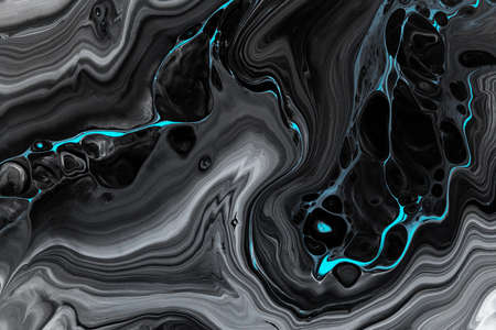 Fluid art texture. Background with abstract iridescent paint effect. Liquid acrylic artwork that flows and splashes. Mixed paints for baner or wallpaper. Black, white and blue overflowing colorsの写真素材