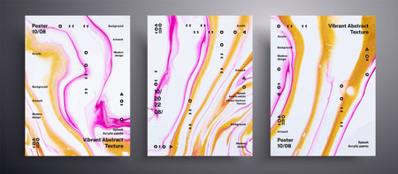 Abstract vector banner, texture pack of fluid art covers. Beautiful background that can be used for design cover, poster, brochure and etc. Golden, pink and white creative iridescent artworkのイラスト素材