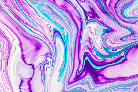 Fluid art texture. Abstract backdrop with swirling paint effect. Liquid acrylic artwork that flows and splashes. Mixed paints for website background. Purple, turquoise and blue overflowing colorsの写真素材