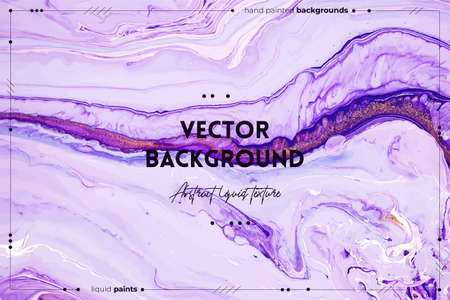 Fluid art texture. Background with abstract mixing paint effect. Liquid acrylic artwork that flows and splashes. Mixed paints for background or poster. Purple, lilac and golden overflowing colorsのイラスト素材