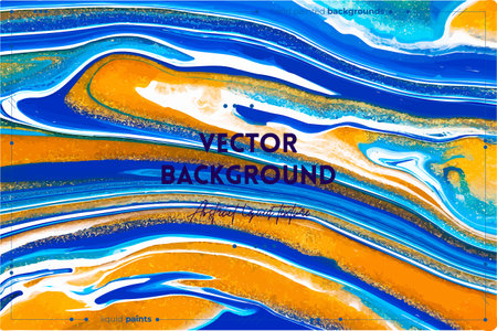 Fluid art texture. Background with abstract mixing paint effect. Liquid acrylic picture that flows and splashes. Mixed paints for baner or wallpaper. Blue, golden and white overflowing colorsのイラスト素材