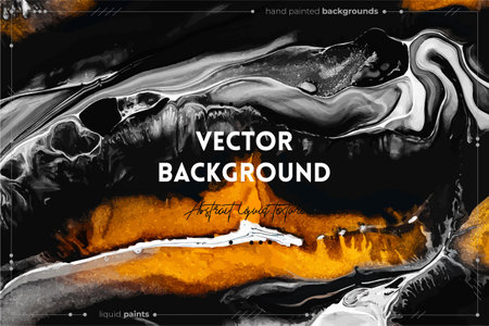 Fluid art texture. Background with abstract swirling paint effect. Liquid acrylic artwork with beautiful mixed paints. Can be used for interior poster. Golden, black and gray overflowing colorsのイラスト素材