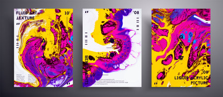 Abstract acrylic banner, fluid art vector texture set. Trendy background that can be used for design cover, poster, brochure and etc. Yellow, pink, blue and white unusual creative surface templateのイラスト素材