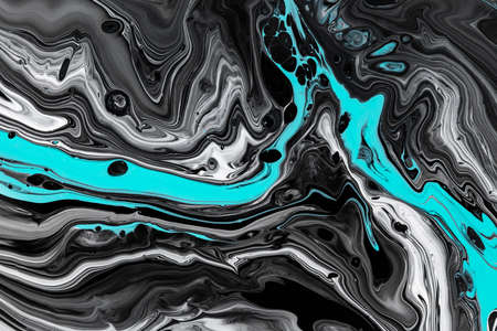 Fluid art texture. Abstract backdrop with iridescent paint effect. Liquid acrylic picture that flows and splashes. Mixed paints for interior poster. Black, white and azure overflowing colorsの写真素材