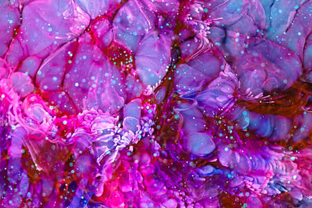 Epoxy resin texture with red, blue and white colors. Fluid backdrop with splashes and swirls. Abstract frozen texture with splatter inks. Vibrant colors mixes on macrophotography posterの写真素材