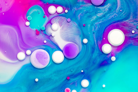 Fluid art texture. Backdrop with abstract mixing paint effect. Liquid acrylic artwork that flowing bubbles. Mixed paints for interior poster. Purple, aquamarine and white overflowing colorsの写真素材