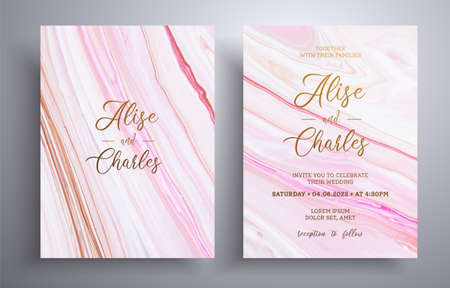 Modern collection of wedding invitations with stone pattern. Agate vector cards with marble effect and swirling paints, beige, brown and white colors. Designed for posters, packaging and etcのイラスト素材
