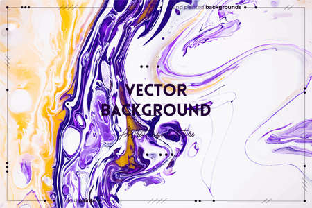 Fluid art texture. Abstract backdrop with swirling paint effect. Liquid acrylic artwork with flows and splashes. Mixed paints for interior poster. Purple, white and golden overflowing colors.のイラスト素材