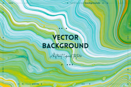 Fluid art texture. Backdrop with abstract swirling paint effect. Liquid acrylic picture with artistic mixed paints. Can be used for baner or wallpaper. Blue, yellow and green overflowing colors.のイラスト素材