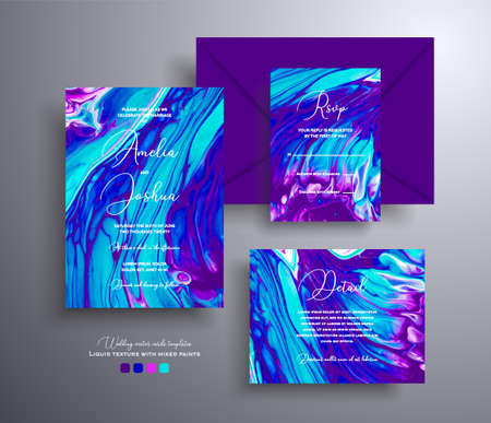 Beautiful set of wedding invitations with stone texture. Mineral vector cards with marble effect and swirling paints, purple, blue and turquoise colors. Designed for greeting cards, brochures and etc.のイラスト素材