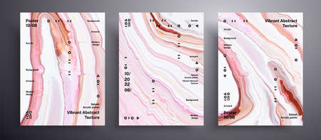 Abstract vector placard, texture set of fluid art covers. Artistic background that can be used for design cover, poster, brochure and etc. Brown, beige and white creative iridescent artwork.のイラスト素材