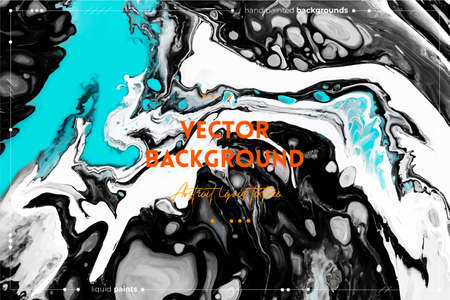 Fluid art texture. Backdrop with abstract swirling paint effect. Liquid acrylic artwork with flows and splashes. Mixed paints for baner or wallpaper. Black, white and blue overflowing colors.のイラスト素材