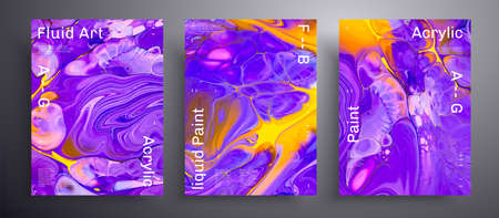 Abstract liquid placard, fluid art vector texture pack. Trendy background that can be used for design cover, poster, brochure and etc. Blue, yellow and purple creative iridescent artwork.のイラスト素材