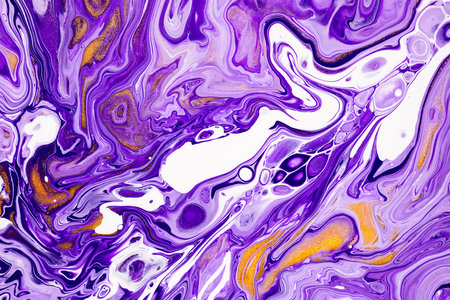 Fluid art texture. Abstract background with mixing paint effect. Liquid acrylic picture that flows and splashes. Mixed paints for background or poster. Violet, white and golden overflowing colors.の写真素材