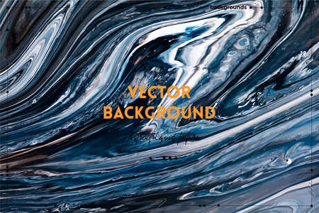 Fluid art texture. Abstract backdrop with swirling paint effect. Liquid acrylic picture with flows and splashes. Mixed paints for interior poster. Black, navy blue and white overflowing colors.のイラスト素材