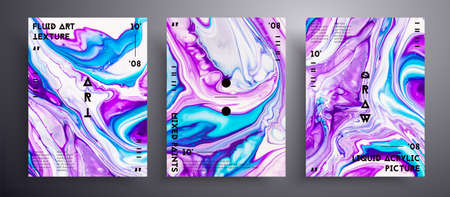 Abstract acrylic placard, fluid art vector texture collection. Trendy background that can be used for design cover, poster, brochure and etc. Purple, turquoise and white creative iridescent artwork.のイラスト素材