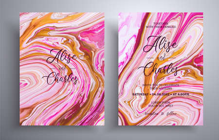 Modern collection of wedding invitations with stone texture. Agate vector covers with marble effect and place for text, pink, golden and brown colors. Designed for greeting cards, brochures and etc.の写真素材