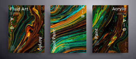 Abstract acrylic poster, fluid art vector texture pack. Beautiful background that can be used for design cover, poster, brochure and etc. Green, orange and brown unusual creative surface template.のイラスト素材