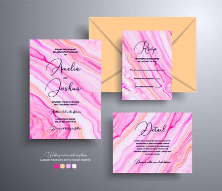 Set of acrylic wedding invitations with stone texture. Mineral vector cards with marble effect and swirling paints, pink, yellow and white colors. Designed for greeting cards, brochures and etc.のイラスト素材
