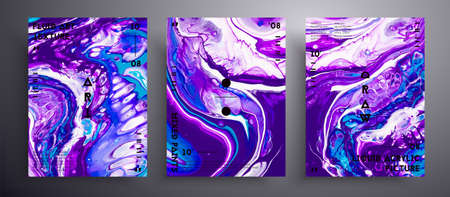 Abstract vector placard, texture set of fluid art covers. Trendy background that applicable for design cover, poster, brochure and etc. Purple, turquoise and navy blue creative iridescent artwork.のイラスト素材