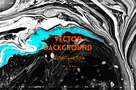 Fluid art texture. Backdrop with abstract swirling paint effect. Liquid acrylic artwork that flows and splashes. Mixed paints for baner or wallpaper. Black, white and blue overflowing colors.のイラスト素材