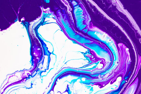 Fluid art texture. Background with abstract swirling paint effect. Liquid acrylic artwork with flows and splashes. Mixed paints for interior poster. Purple, turquoise and white overflowing colors.の写真素材