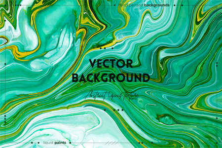 Fluid art texture. Abstract background with iridescent paint effect. Liquid acrylic picture with chaotic mixed paints. Can be used for posters or wallpapers. Green, blue and white overflowing colors.のイラスト素材